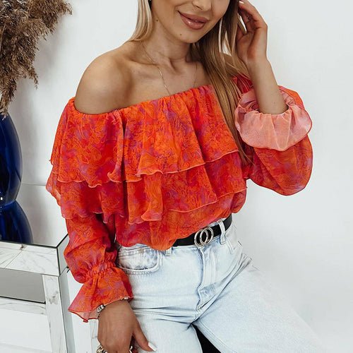 Slash Neck Long Sleeve Chiffon Blouse - Busy Bee Bazaar