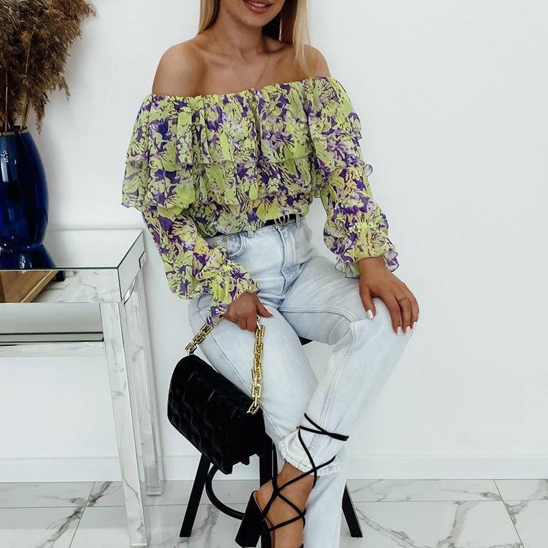 Slash Neck Long Sleeve Chiffon Blouse - Busy Bee Bazaar