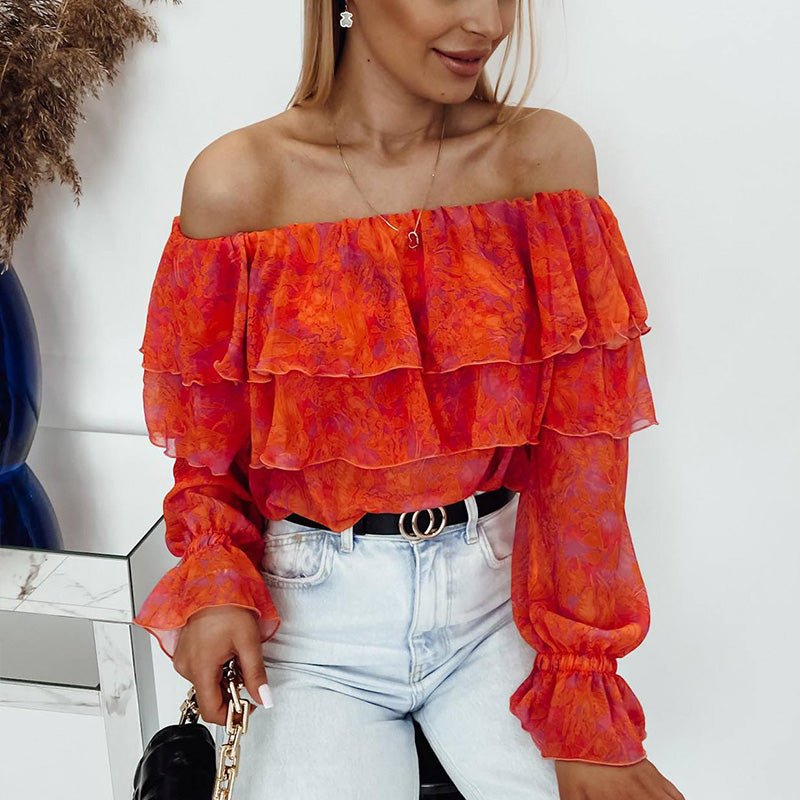 Slash Neck Long Sleeve Chiffon Blouse - Busy Bee Bazaar