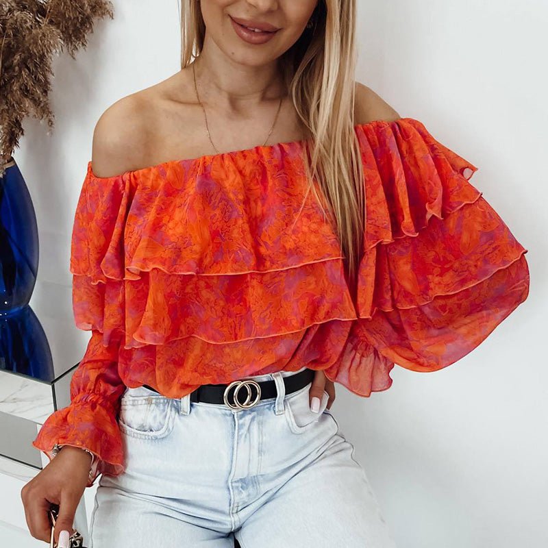 Slash Neck Long Sleeve Chiffon Blouse - Busy Bee Bazaar