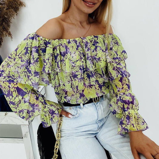 Slash Neck Long Sleeve Chiffon Blouse - Busy Bee Bazaar