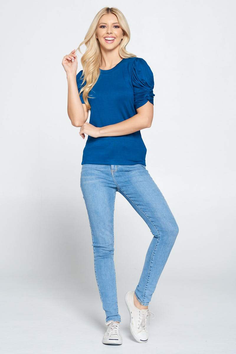 Solid Short Sleeve Top with Scrunched Sleeves - Busy Bee Bazaar