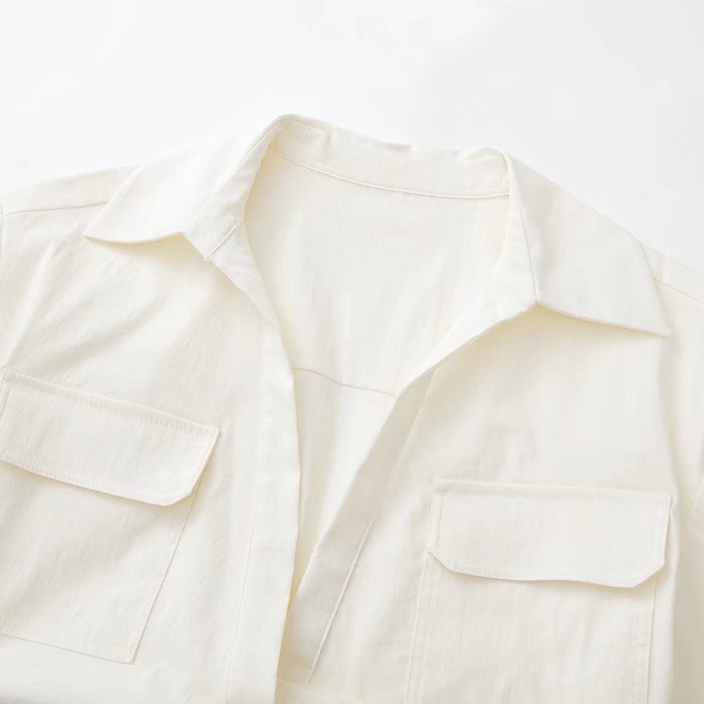 Solid White Office Ladies Casual Shirt Tops Short Sleeve Pockets - Busy Bee Bazaar