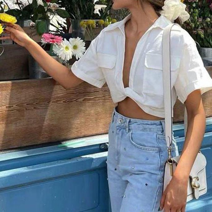 Solid White Office Ladies Casual Shirt Tops Short Sleeve Pockets - Busy Bee Bazaar