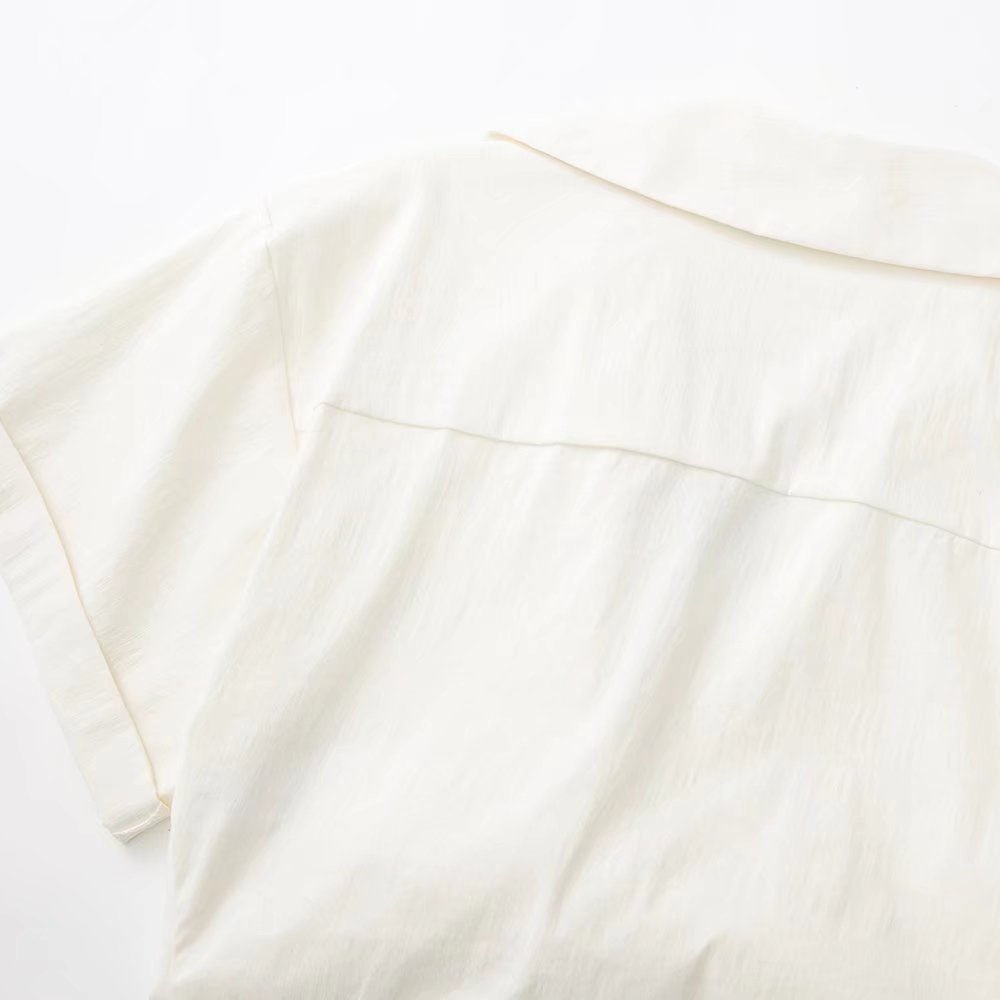 Solid White Office Ladies Casual Shirt Tops Short Sleeve Pockets - Busy Bee Bazaar