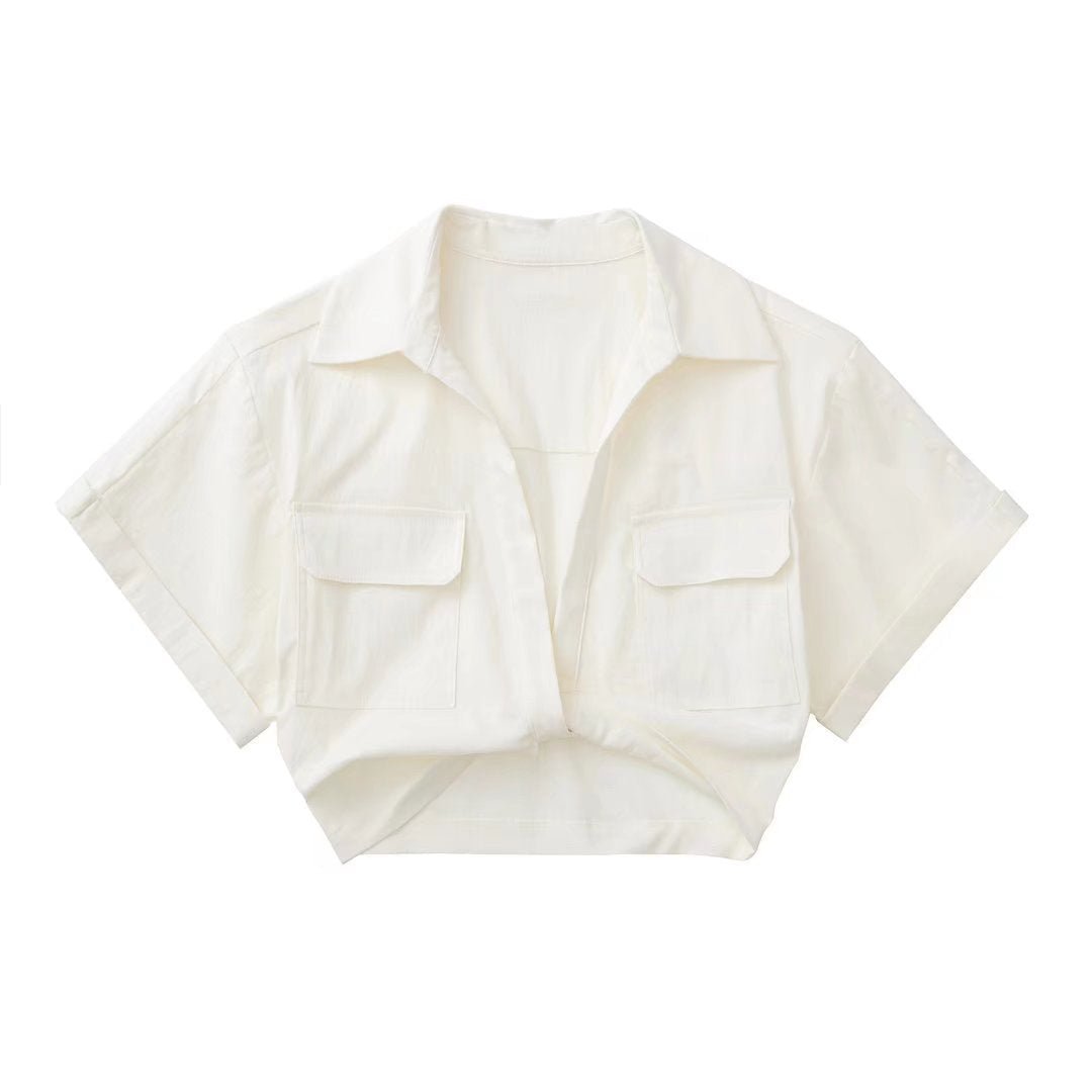 Solid White Office Ladies Casual Shirt Tops Short Sleeve Pockets - Busy Bee Bazaar