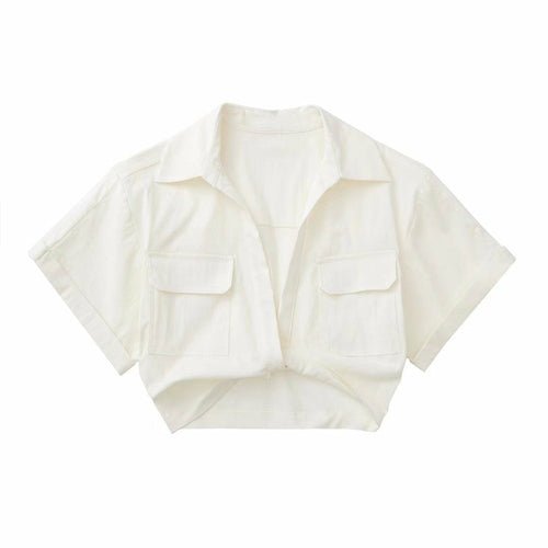 Solid White Office Ladies Casual Shirt Tops Short Sleeve Pockets - Busy Bee Bazaar