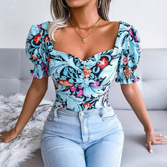 Square Collar Floral Printed Chiffon Tops - Busy Bee Bazaar