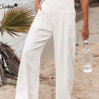 Summer for Pants Office Lady Cotton Linen Pockets Solid Loose Casual - Busy Bee Bazaar