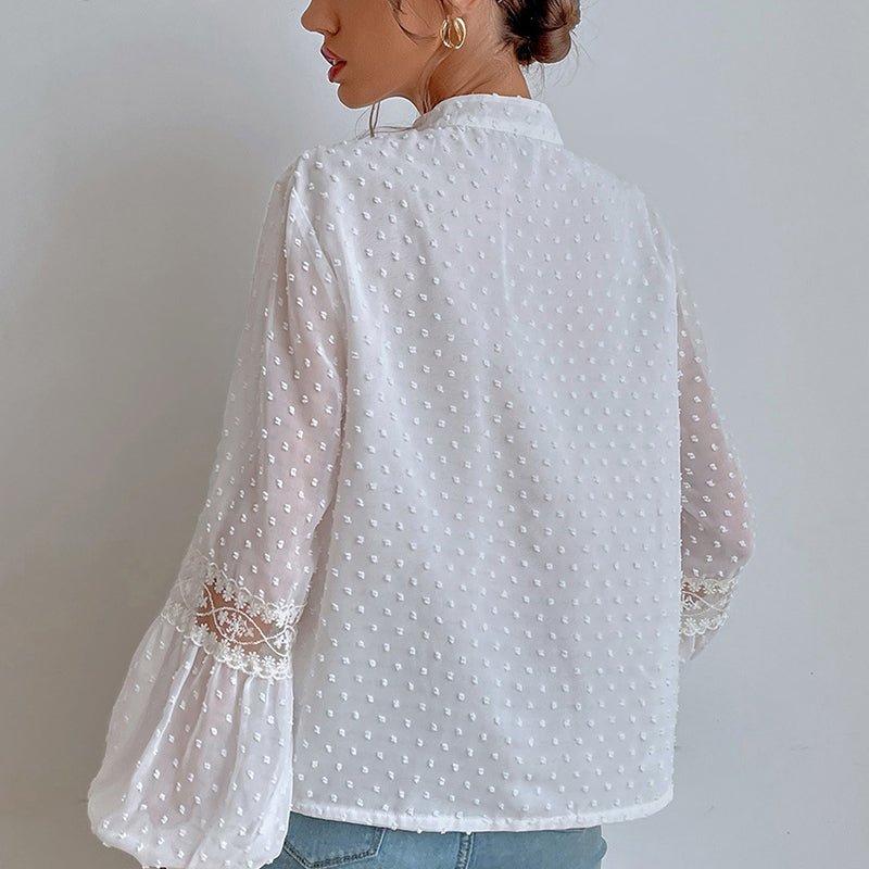 Tassel V Neck Shirt Lantern Sleeve Patchwork Sheer Lace Tops - Busy Bee Bazaar