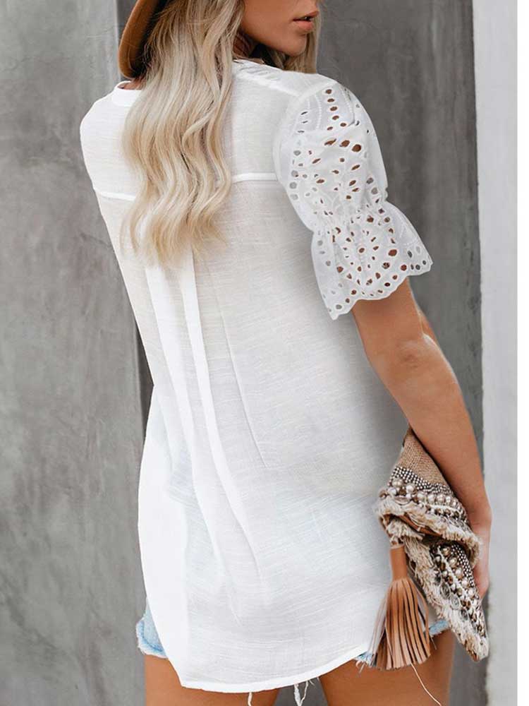 V-neck Cotton Hollow Out Pleated Casual Tops - Busy Bee Bazaar