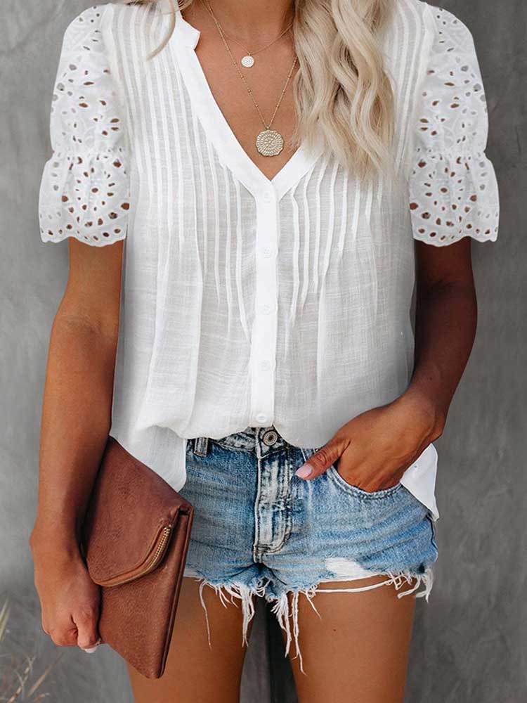 V-neck Cotton Hollow Out Pleated Casual Tops - Busy Bee Bazaar