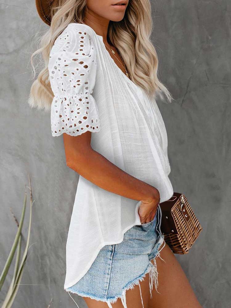 V-neck Cotton Hollow Out Pleated Casual Tops - Busy Bee Bazaar