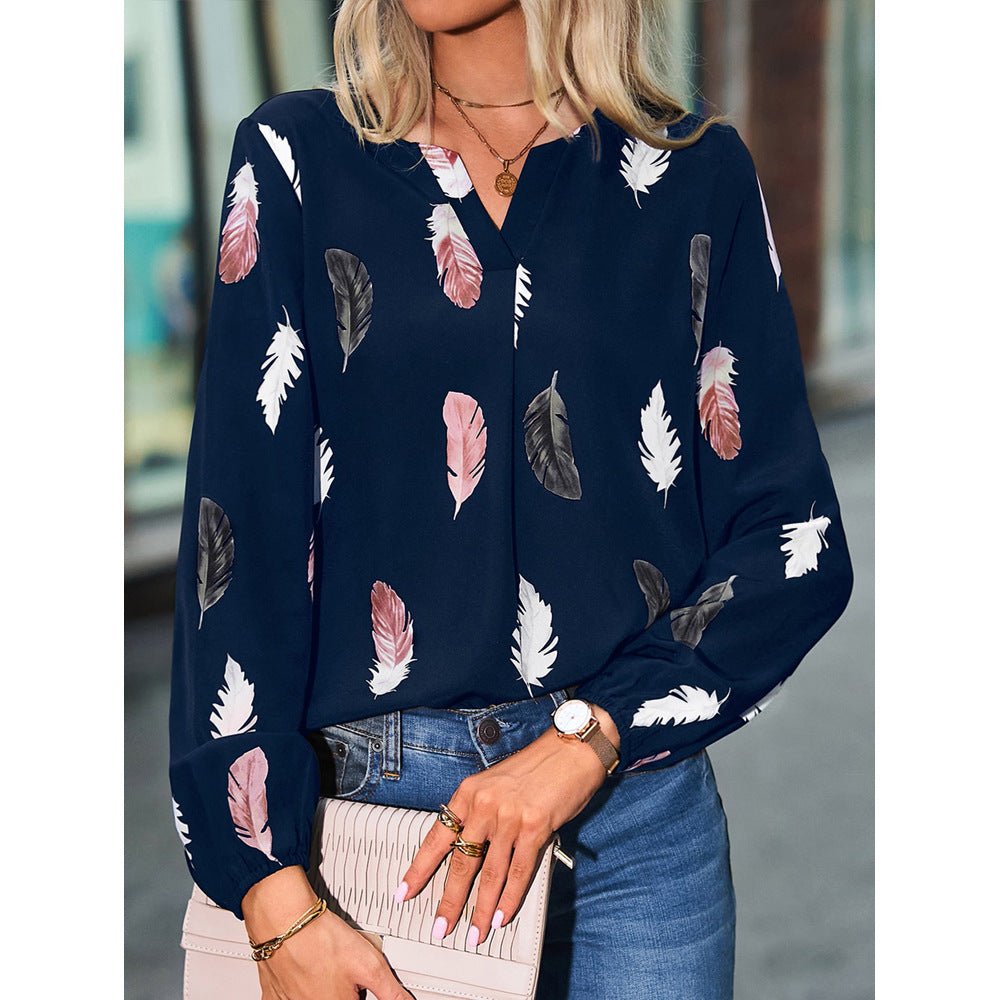 V-neck Feather Print Long-sleeved Loose T-shirt Women's Tops - Busy Bee Bazaar