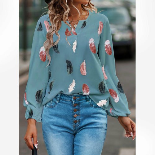 V-neck Feather Print Long-sleeved Loose T-shirt Women's Tops - Busy Bee Bazaar