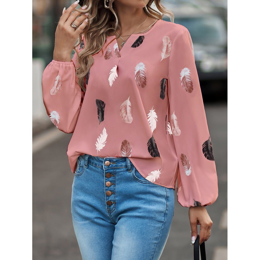 V-neck Feather Print Long-sleeved Loose T-shirt Women's Tops - Busy Bee Bazaar