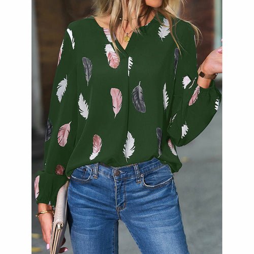 V-neck Feather Print Long-sleeved Loose T-shirt Women's Tops - Busy Bee Bazaar