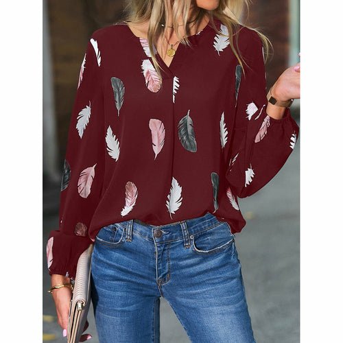 V-neck Feather Print Long-sleeved Loose T-shirt Women's Tops - Busy Bee Bazaar