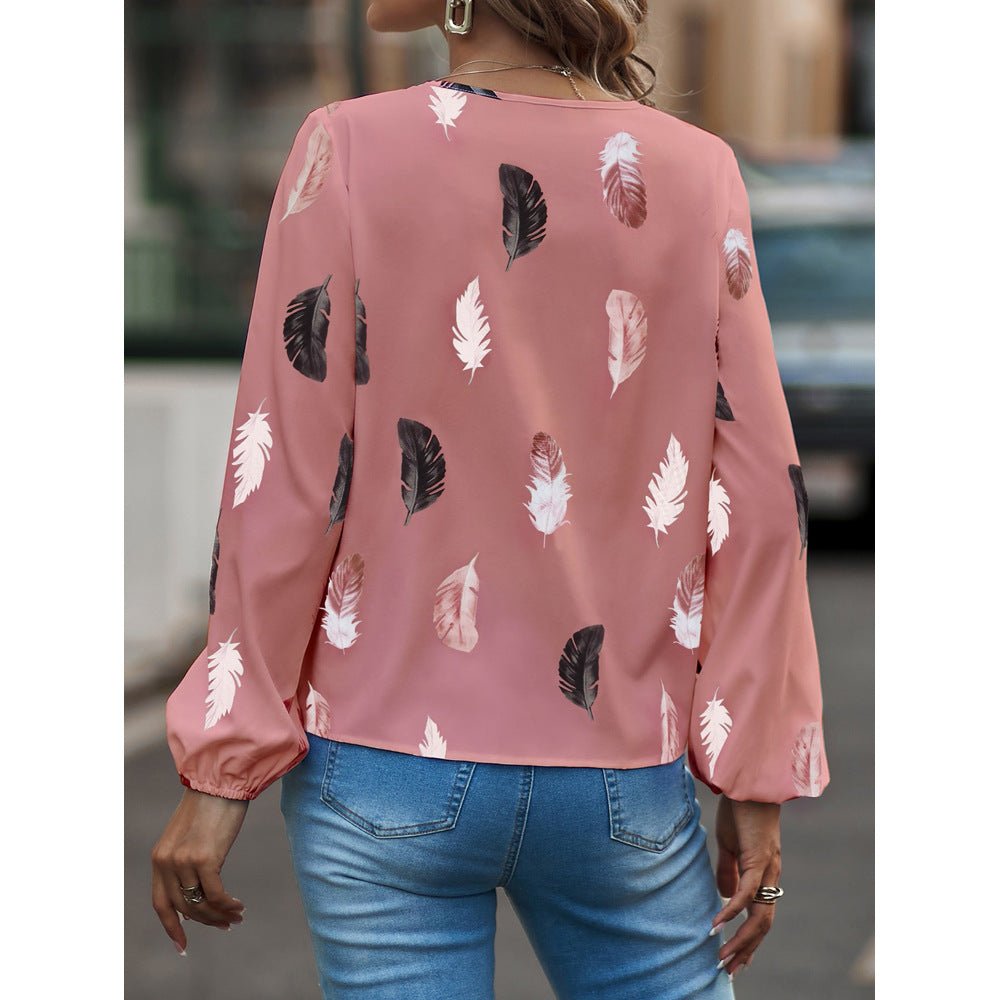 V-neck Feather Print Long-sleeved Loose T-shirt Women's Tops - Busy Bee Bazaar