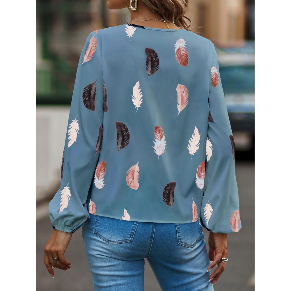 V-neck Feather Print Long-sleeved Loose T-shirt Women's Tops - Busy Bee Bazaar