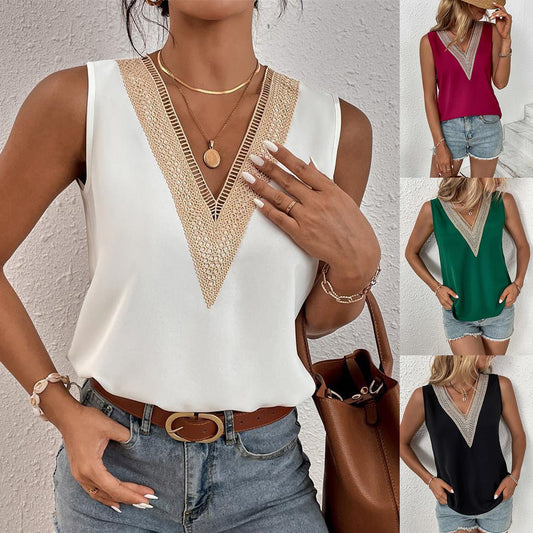 V-neck Lace Sleeveless Solid Tops - Busy Bee Bazaar