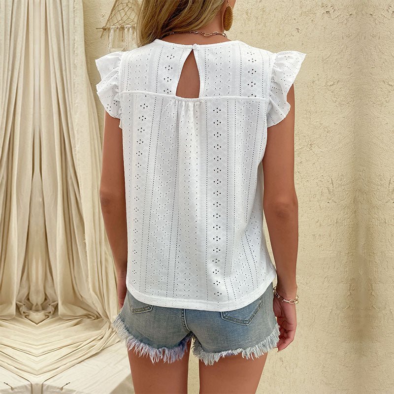 V-Neck White Sleeveless Shirt with Hollow Out Design - Busy Bee Bazaar