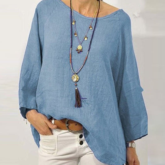 Vintage Cotton Linen Blouse Round Neck Pullover Tops - Busy Bee Bazaar