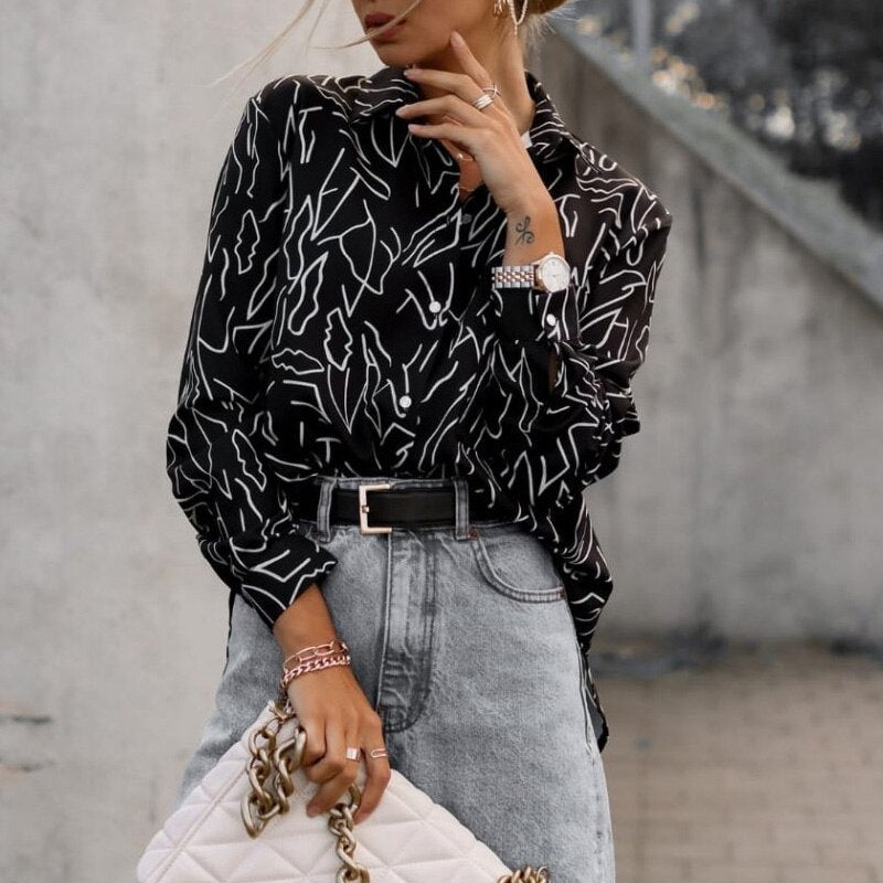 Vintage Print Turn-down Collar Shirt - Busy Bee Bazaar