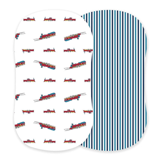 Vintage Steam Trains and Blue and White Stripe Bamboo Changing Pad - Busy Bee Bazaar