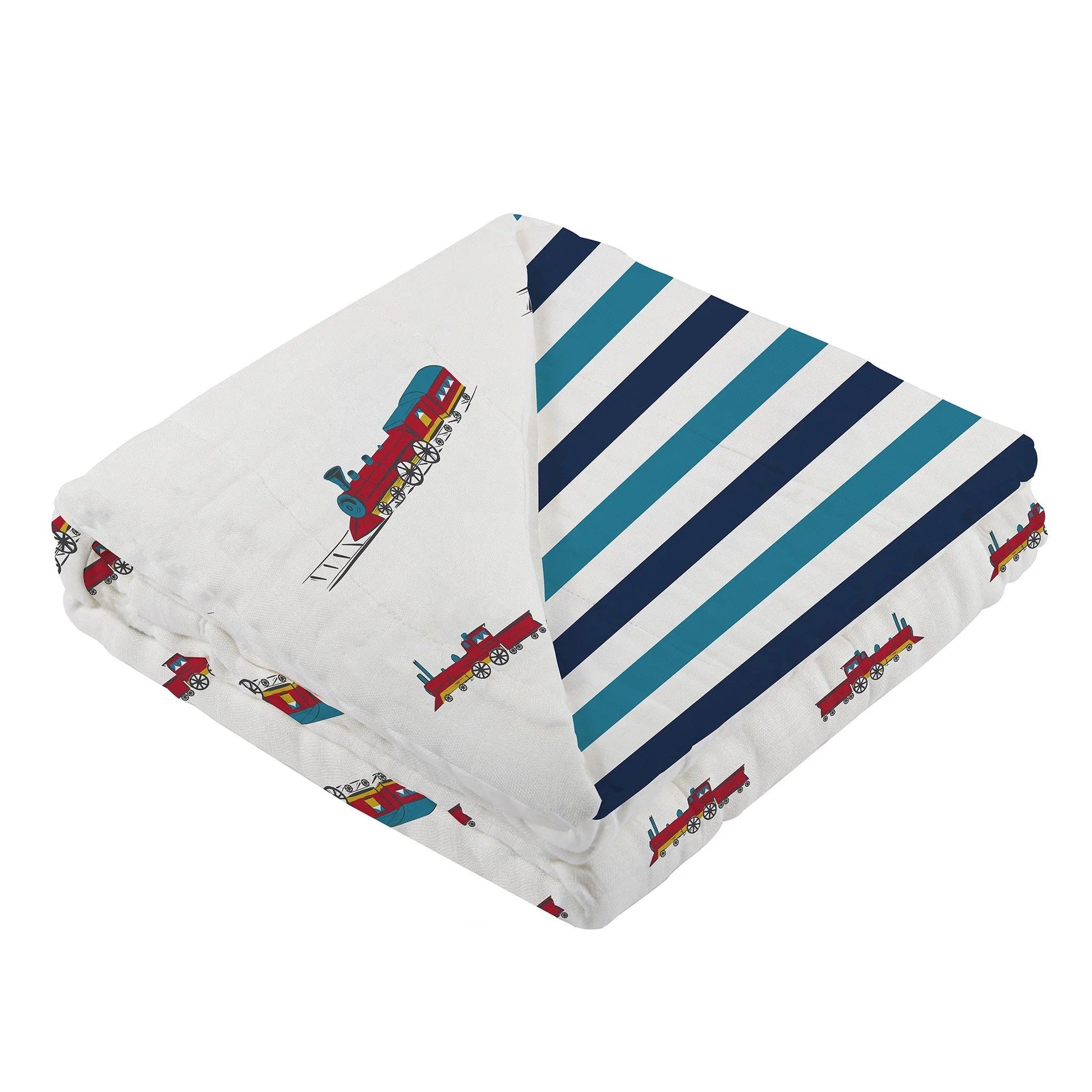 Vintage Steam Trains and Blue Stripe Bamboo Muslin Newcastle Blanket - Busy Bee Bazaar