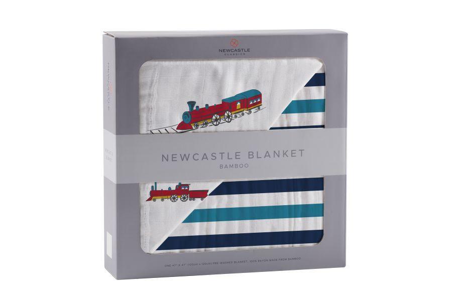 Vintage Steam Trains and Blue Stripe Bamboo Muslin Newcastle Blanket - Busy Bee Bazaar