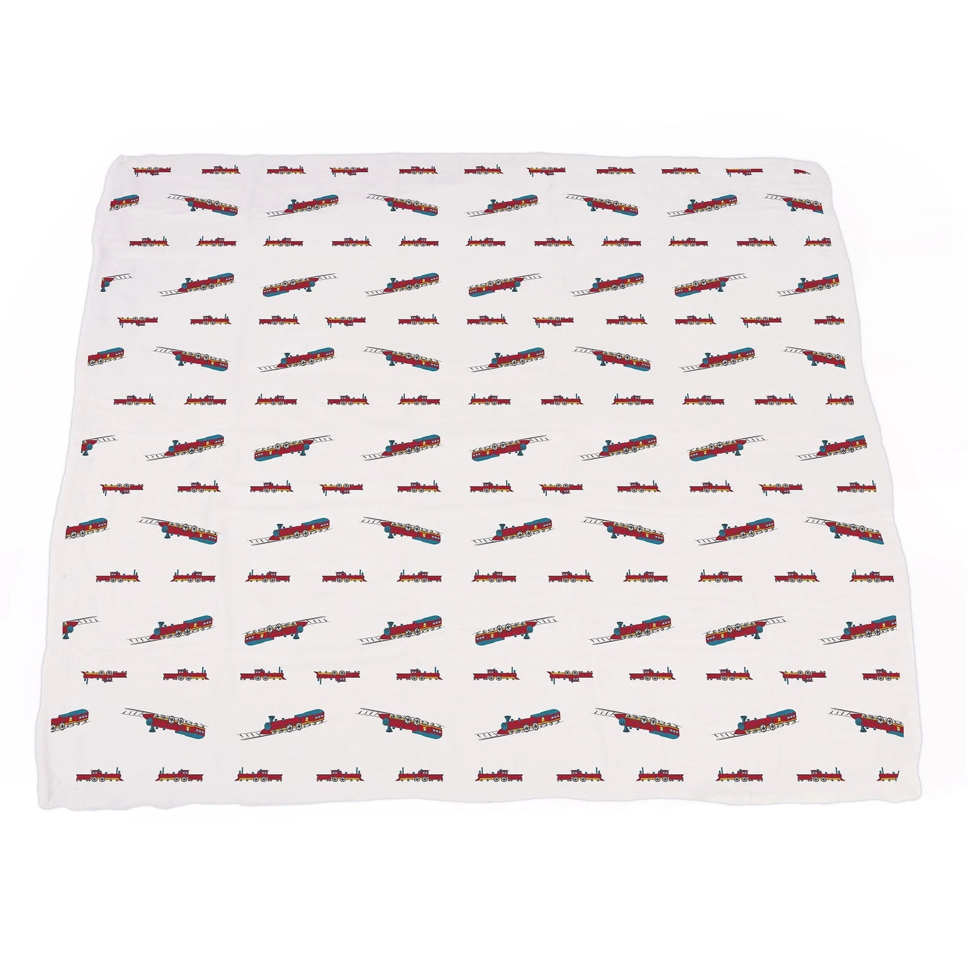 Vintage Steam Trains and Blue Stripe Bamboo Muslin Newcastle Blanket - Busy Bee Bazaar