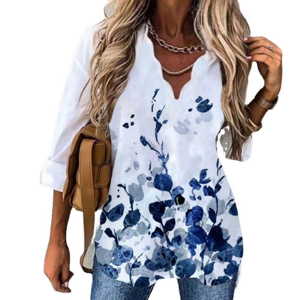 Wave Collar Shirt Printed Long-sleeved Tops - Busy Bee Bazaar