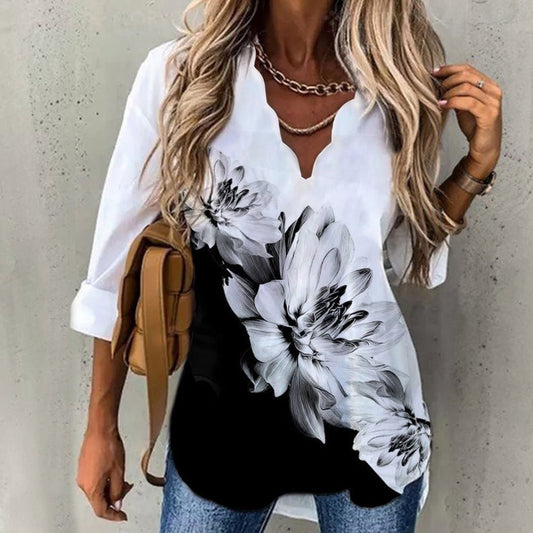 Wave Collar Shirt Printed Long-sleeved Tops - Busy Bee Bazaar