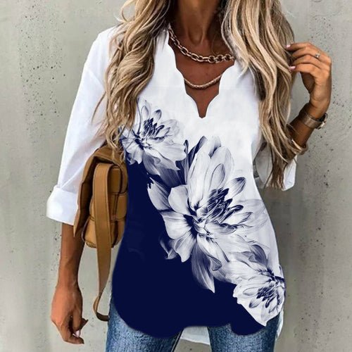 Wave Collar Shirt Printed Long-sleeved Tops - Busy Bee Bazaar