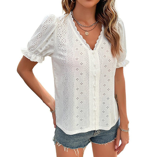 White Lace V-neck Blouse with Hollowed-out Design for Office - Busy Bee Bazaar