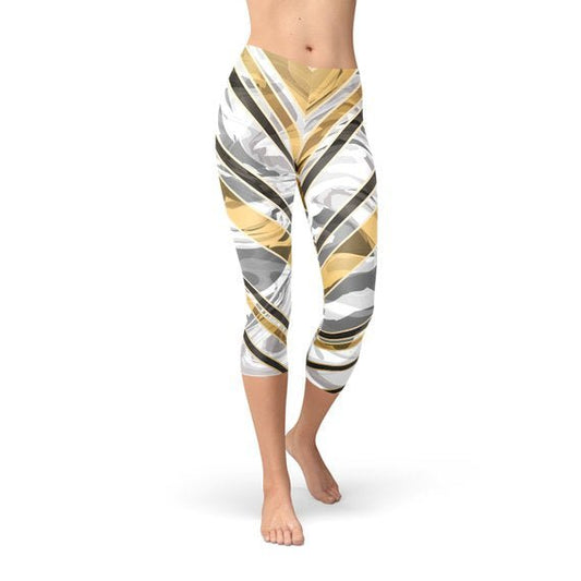 White Marble w/ Black Gold Lines Capri Leggings - Busy Bee Bazaar