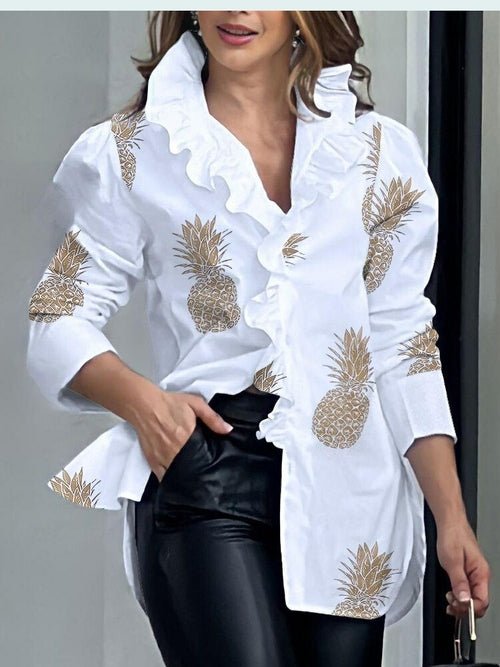White Print Women's Ruffles Top Blouse - Busy Bee Bazaar