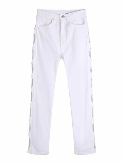 Woman Sexy White Hollow Out Straight Pants - Busy Bee Bazaar