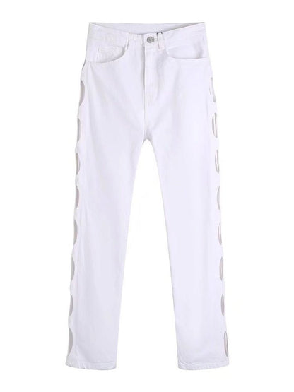 Woman Sexy White Hollow Out Straight Pants - Busy Bee Bazaar