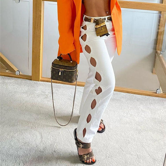 Woman Sexy White Hollow Out Straight Pants - Busy Bee Bazaar
