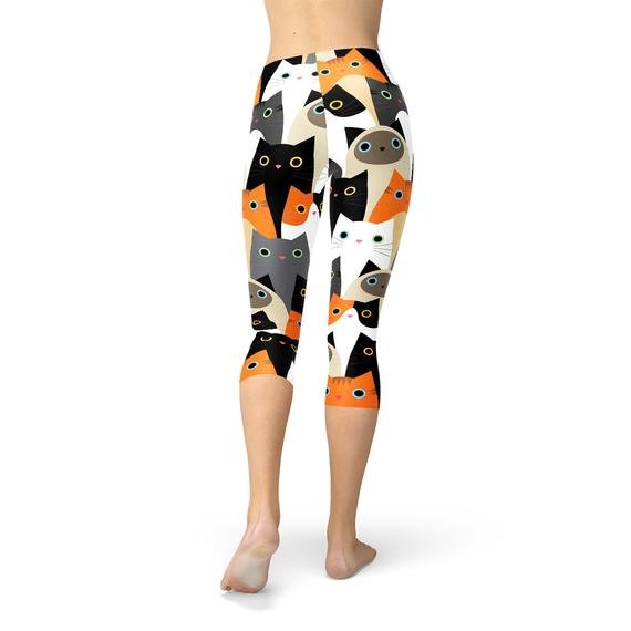 Womens All Over Print Cats Capri Leggings - Busy Bee Bazaar