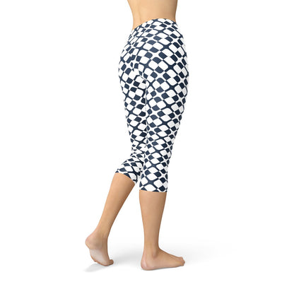 Womens Geometric Blue Tile Capri Leggings - Busy Bee Bazaar