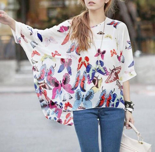 Womens Loose Fit Butterfly Theme Batwing Top - Busy Bee Bazaar