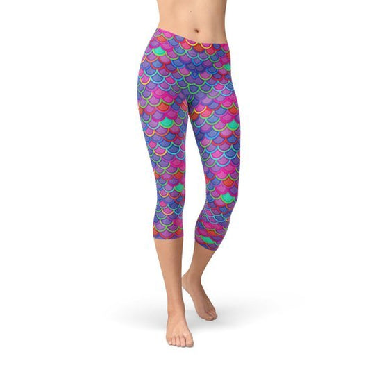 Womens Purple Pink Mermaid Capri Leggings - Busy Bee Bazaar