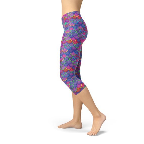 Womens Purple Pink Mermaid Capri Leggings - Busy Bee Bazaar