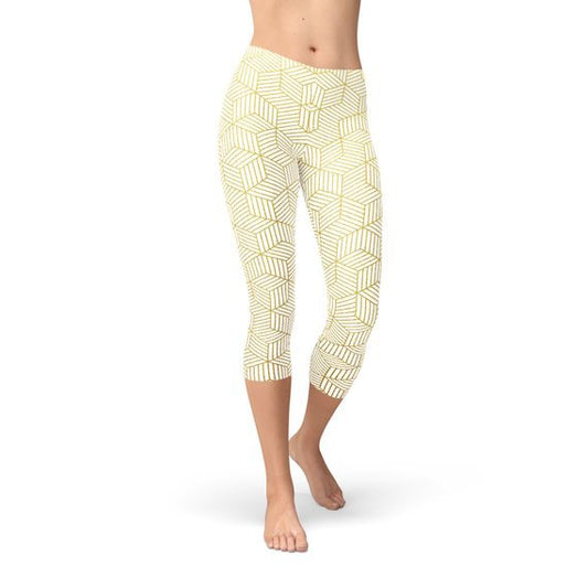 Womens White Capri Leggings w/ Geometric Cubes - Busy Bee Bazaar